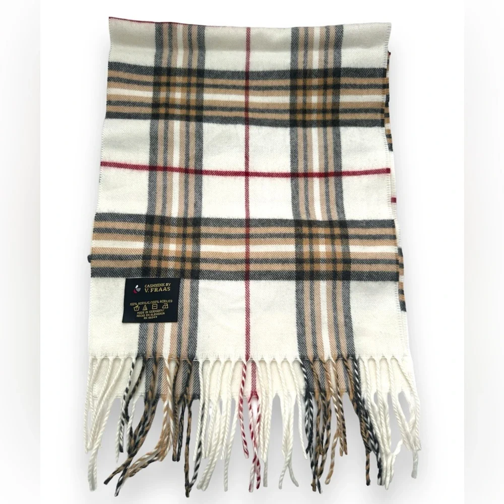 FRAAS CASHMINK Fringe Scarf Unisex Men & Women Plaid Cream Black Red Tan 11x59